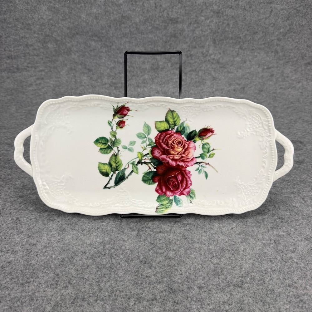 I. Godinger & Co. Porcelain Serving Tray Pink Rose Floral Handled Platter 15in